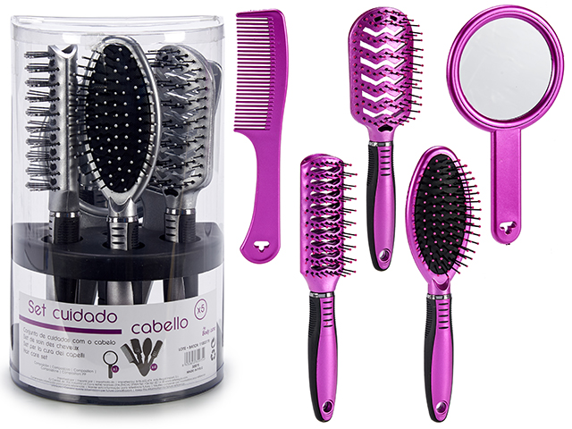 Set 4 hair brushes and mirror mix 2 col