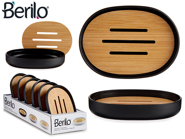 Black soap dish with bamboo top
