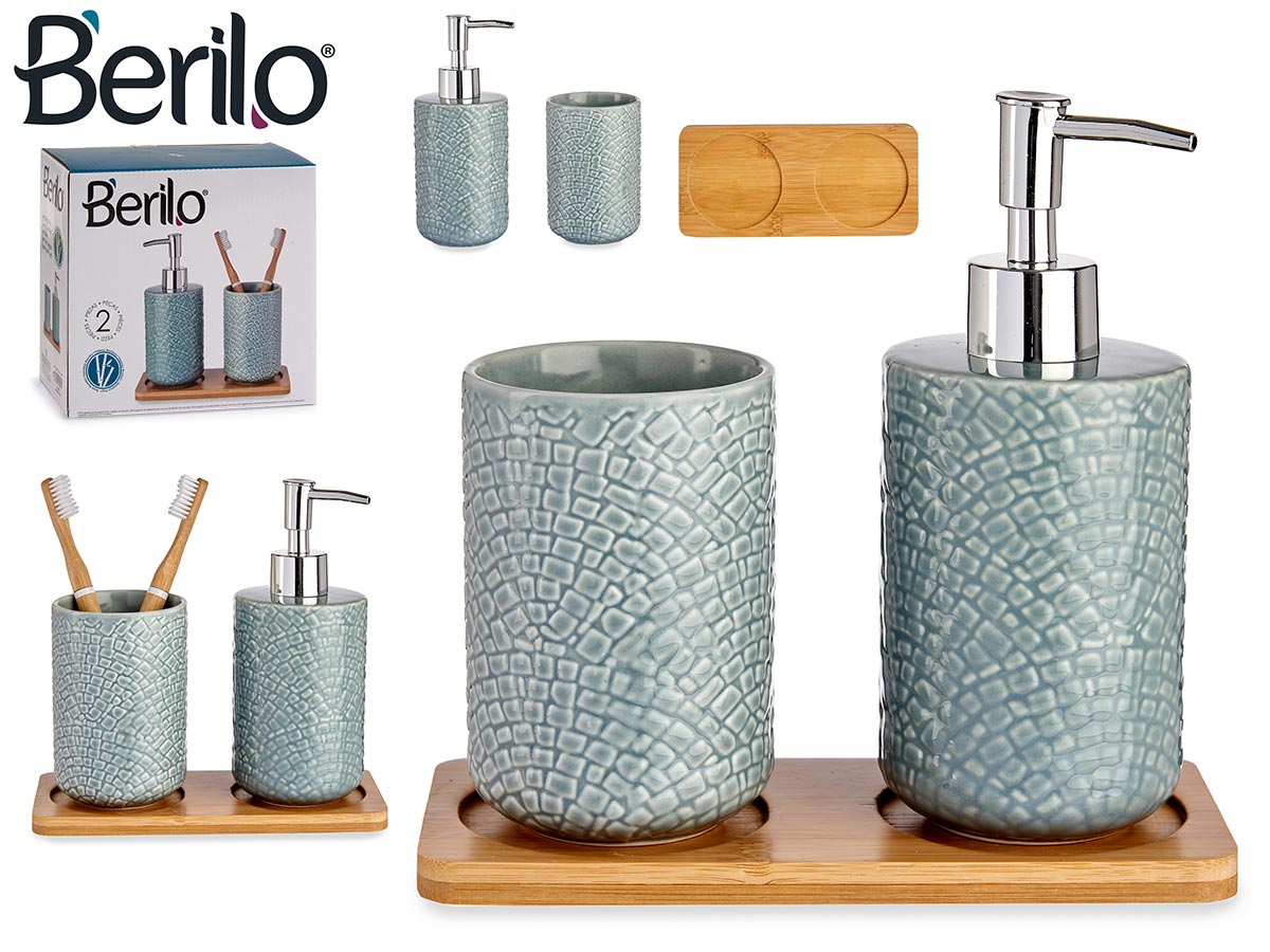 2 square grey ceramic w bamboo tray bathroom set