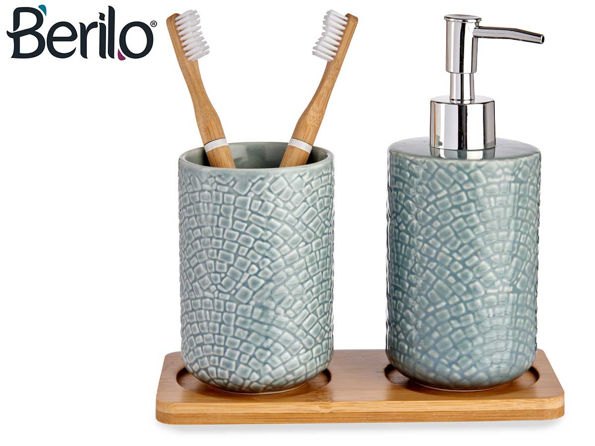 2 square grey ceramic w bamboo tray bathroom set - Image 5