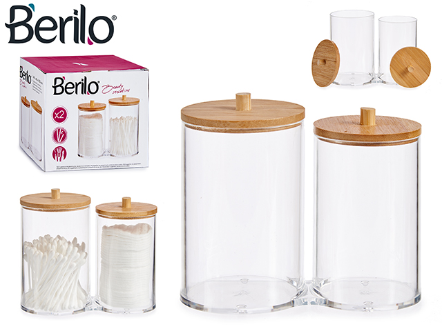Round acrylic canister for cotton with bamboo lid