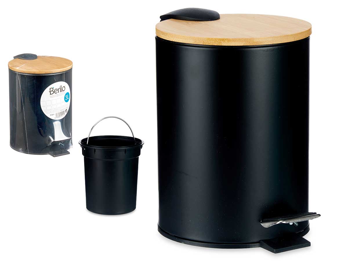 Papelera metal tapa bambu 3l negro