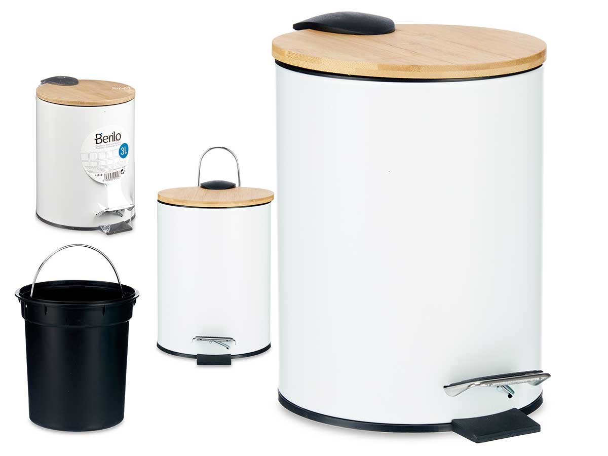 Papelera metal tapa bambu 3l blanco